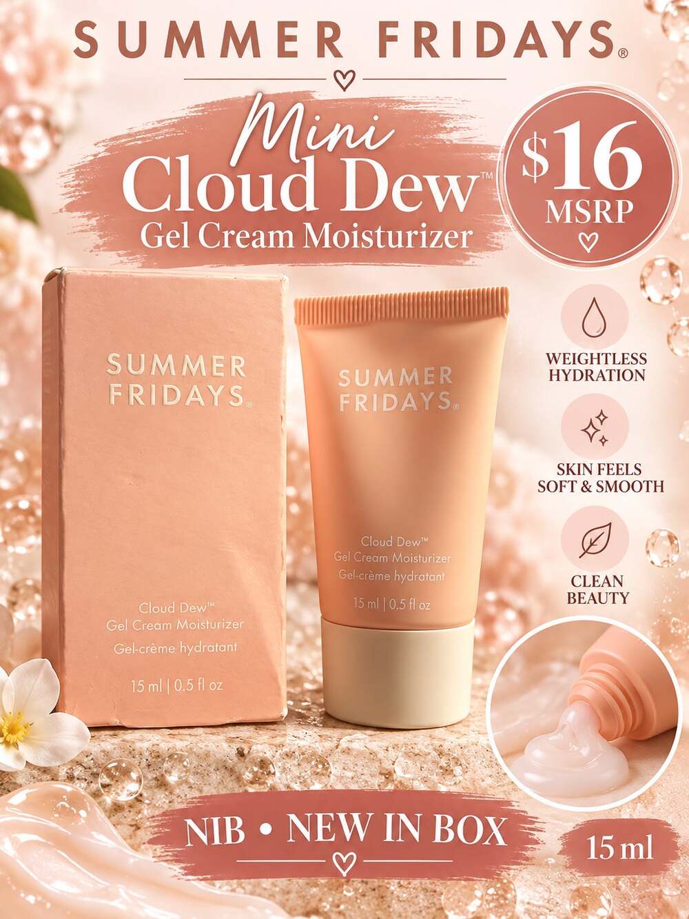 Summer Fridays Mini Cloud Dew Gel Cream Moisturizer NIB